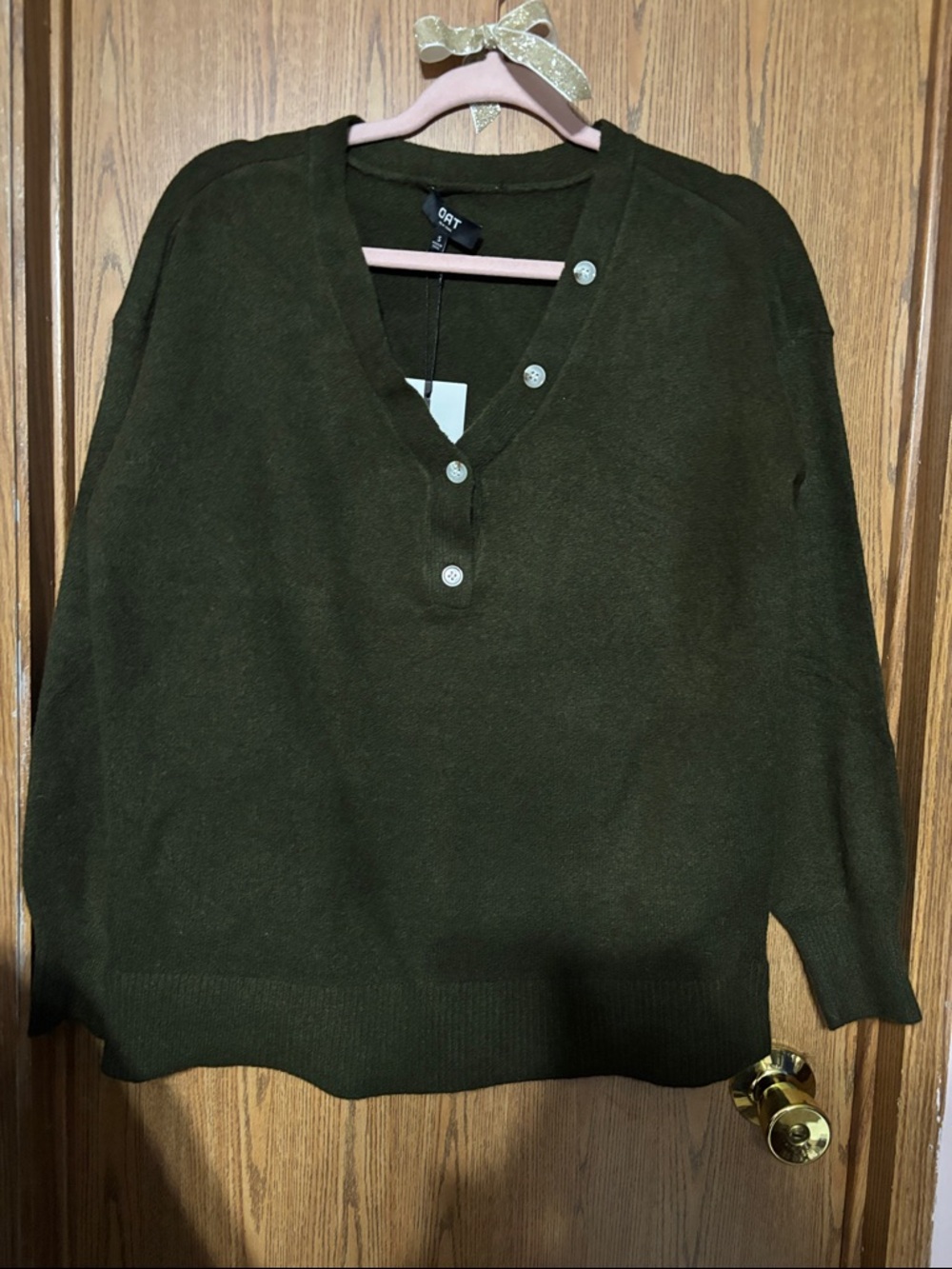 Oat New York Olive V-Neck Button Pullover Sweater